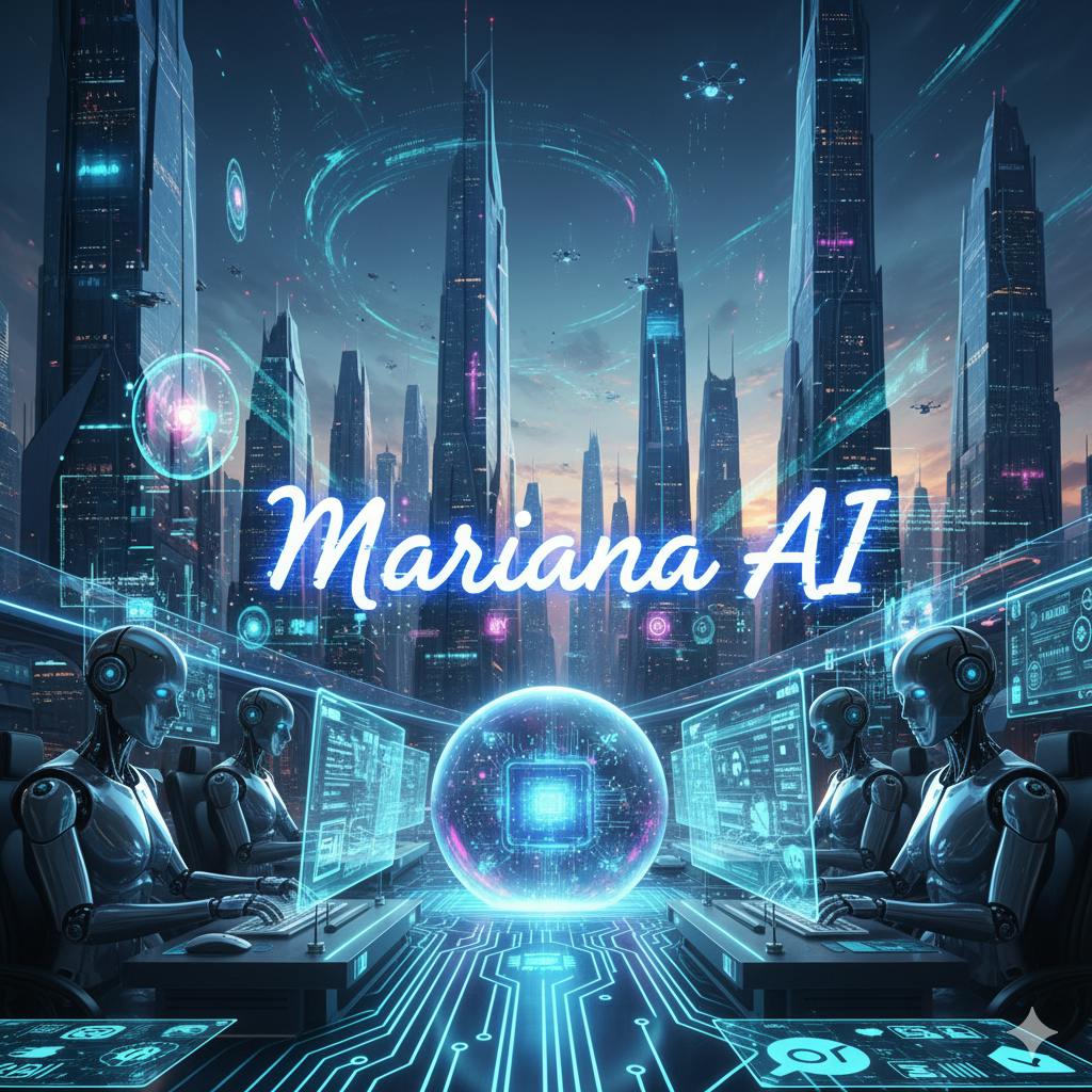 Imagem com elementos futuristas relacionados à IA e com a escrita centralizada "Mariana AI".