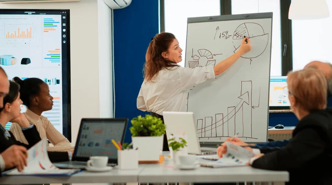 Reunião de negócios com uma mulher apresentando gráficos de crescimento em uma sala de reunião moderna, com participação de várias pessoas assistindo atentamente.