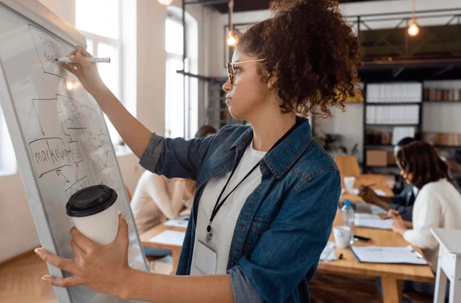 Mulher estudando ou fazendo uma apresentação em sala de aula, ferramenta crucial para a aprendizagem e ensino eficaz.