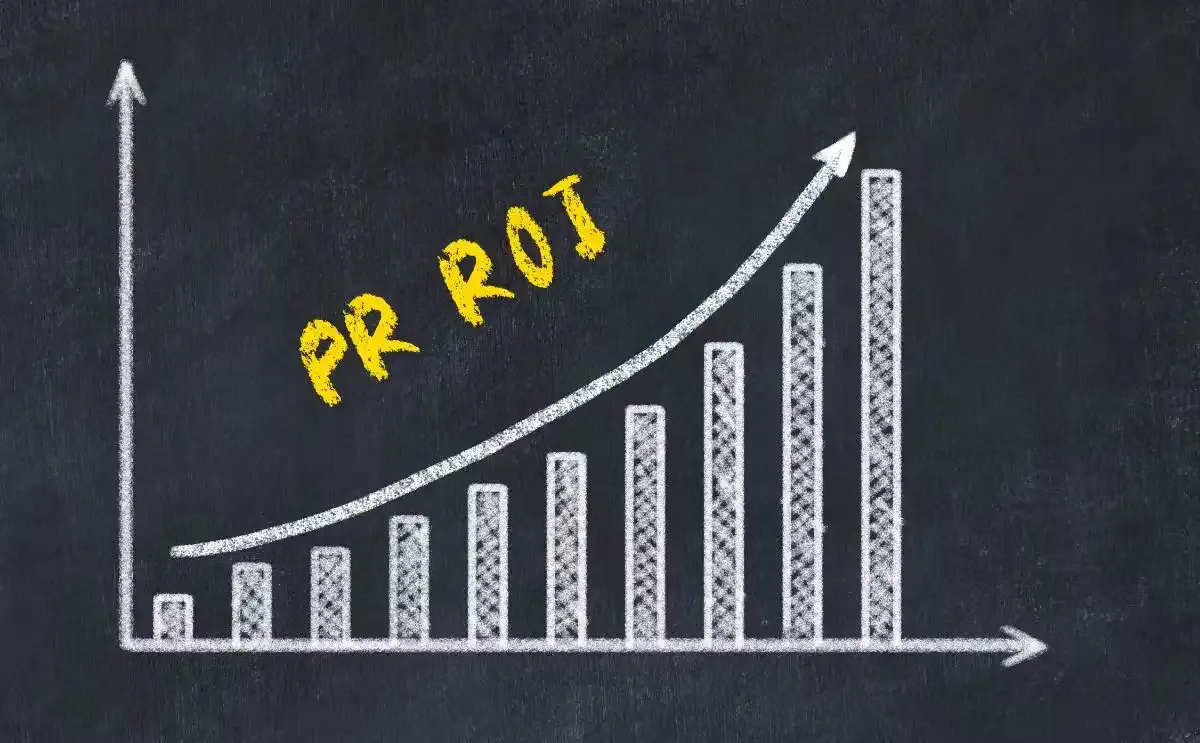 Gráfico de crescimento de PR ROI em forma de barras e linha ascendente, ilustrando estratégias de marketing digital e aumento de ROI.