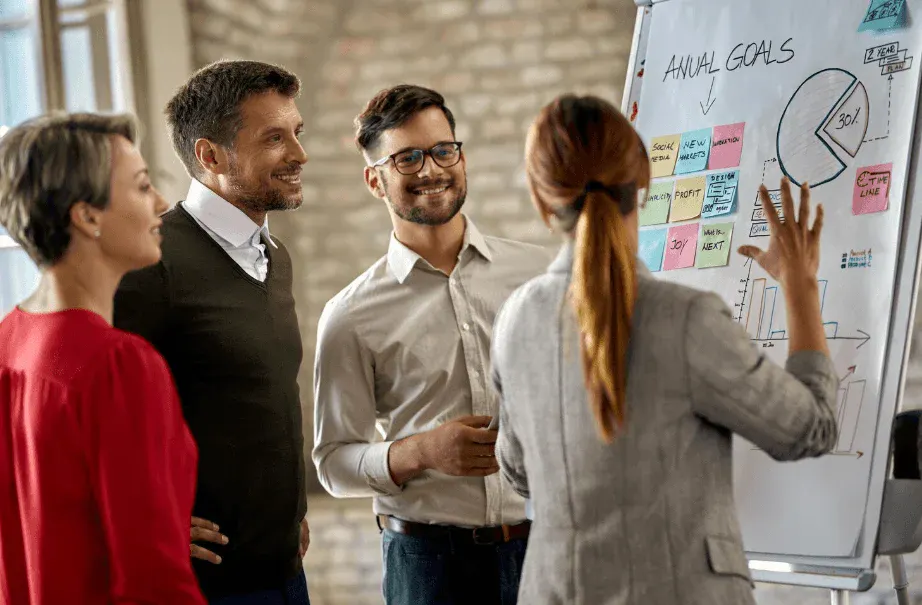  Equipe de profissionais participando de reunião de planejamento de metas anuais, discutindo estratégias de negócios e metas de crescimento.