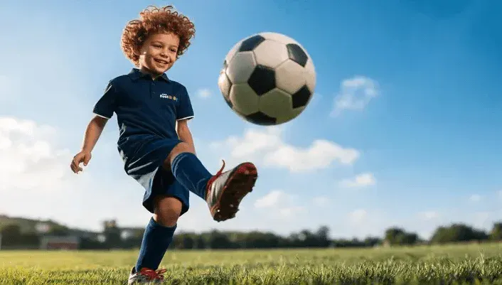 Menino sorridente pulando em um campo gramado com uniforme azul, chutando uma bola de futebol ao ar contra o céu azul com nuvens, em dia ensolarado.