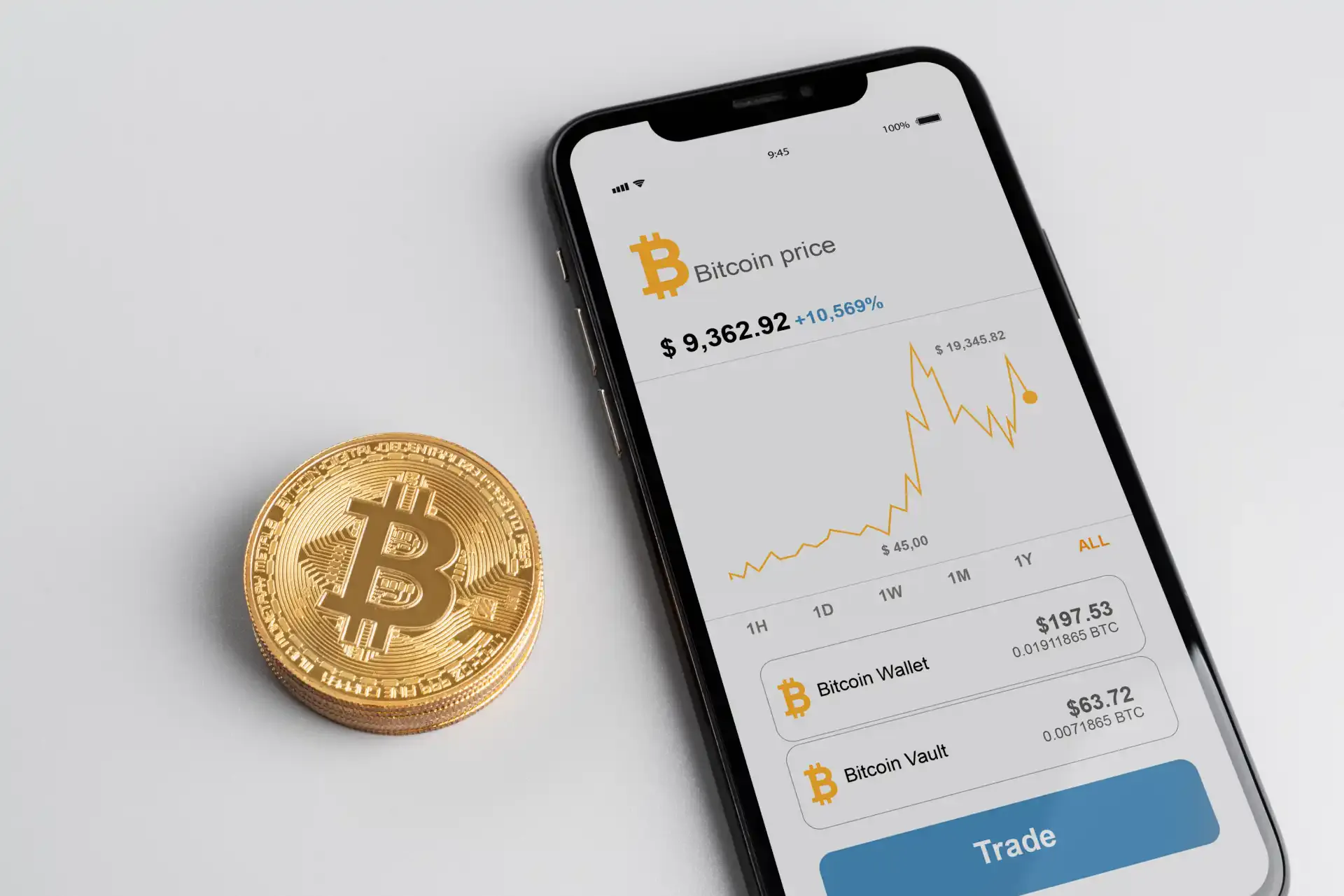 Imagem de um smartphone exibindo informações de preço do Bitcoin e um conjunto de moedas de ouro com o símbolo da criptomoeda Bitcoin, destacando a valorização da criptomoeda Bitcoin em um cenário de alta.