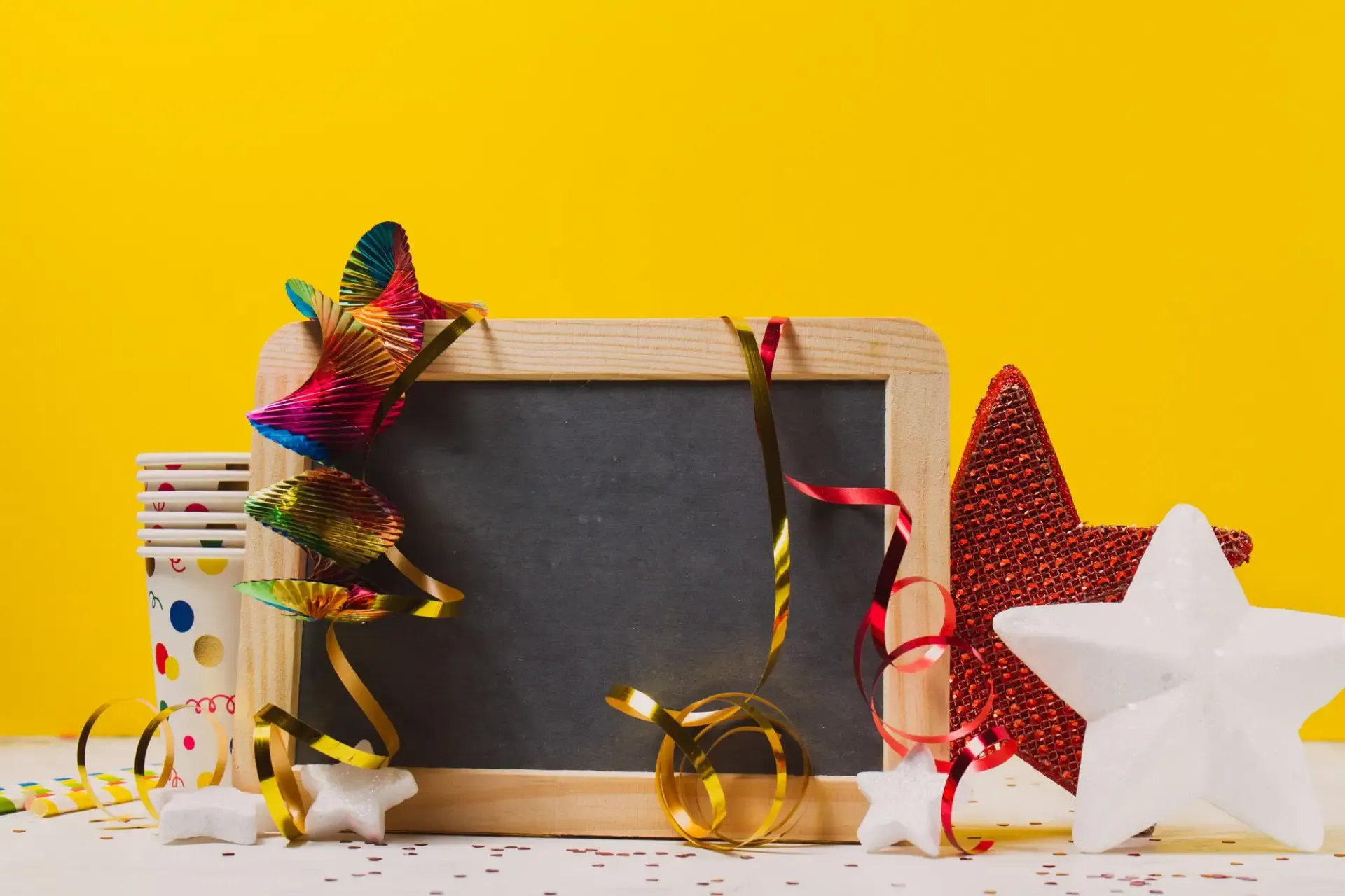 Caixa de quadro-negro de madeira com moldura e fitas douradas e vermelhas, decorada com confetes, estrelas e um chapéu de festa colorido sobre fundo amarelo, com espaço para mensagem.