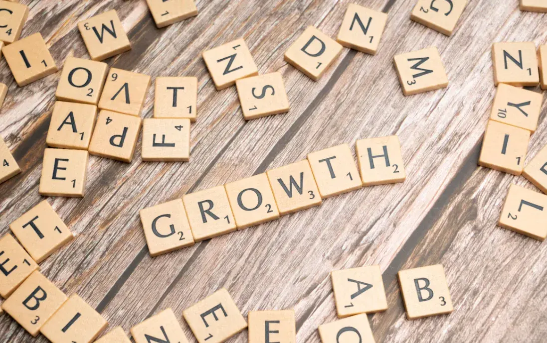 Letras em blocos de madeira sobre uma superfície de madeira, formando a palavra “GROWTH”, sugerindo crescimento e desenvolvimento em jogo educativo ou atividade de aprendizagem.