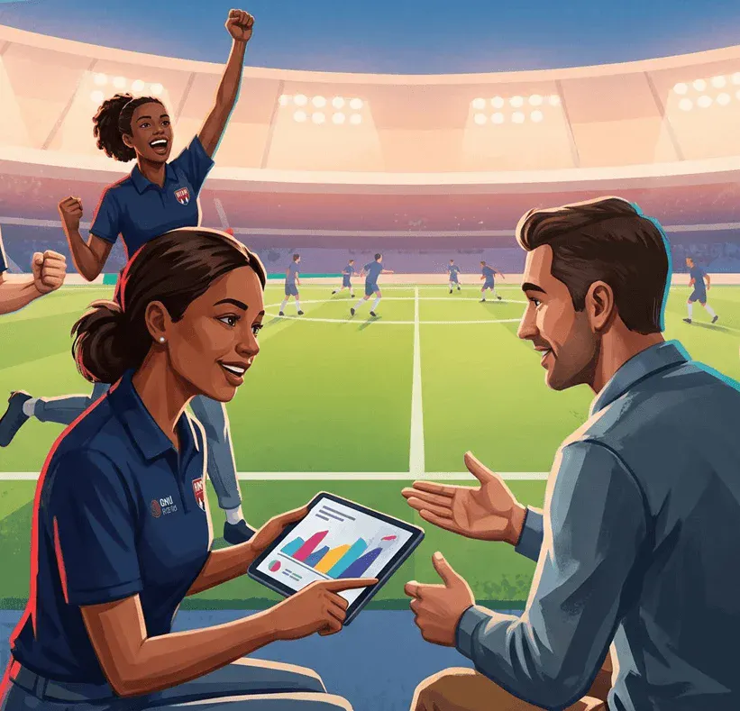 Ilustração de duas pessoas em um estádio de futebol, com uma mulher usando tablet e um homem gesticulando, enquanto outra jogadora levanta o braço. Cena de transmissão e análise esportiva.