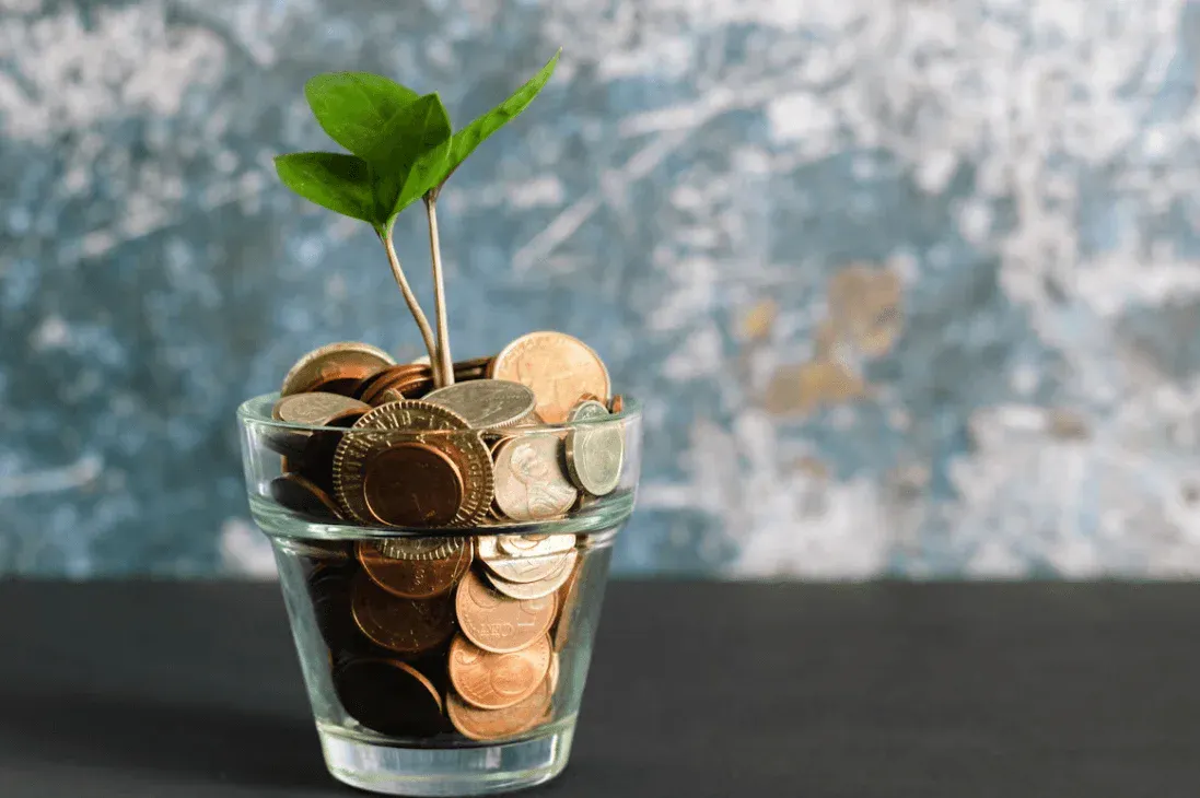 Copo com moedas e notas ao redor, com uma pequena planta verde brotando como símbolo de crescimento financeiro, em fundo desfocado azul e cinza.