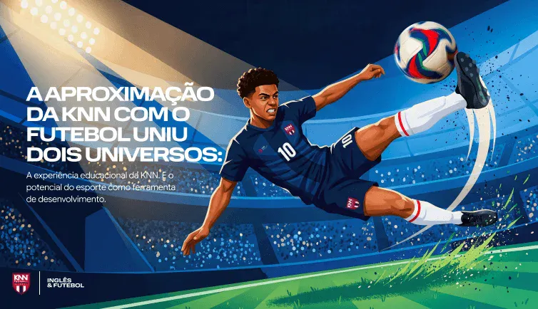 Arte publicitária do KNN com jogador de futebol chutando uma bola, título “APROXIMAÇÃO DA KNN COM O FUTEBOL UNIVI” e frase “JÁ NA PRÁTICA” em fundo esportivo azul e verde.