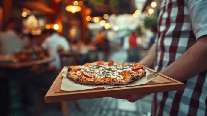 Uma pessoa com uma pizza em cima de uma tábua nas mãos