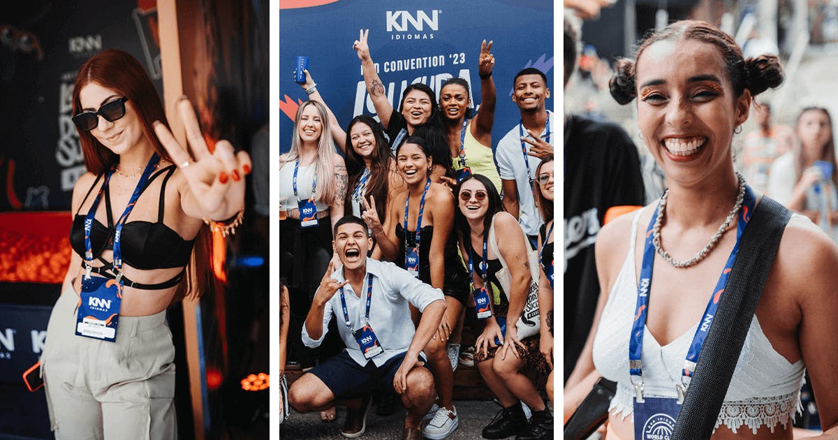 Imagens de quatro pessoas posando para fotos em uma convenção da KNN Idiomas, capturando momentos de alegria e celebração.