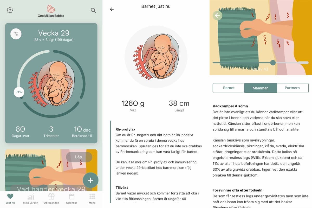 skärmdumpar från appen one million babies