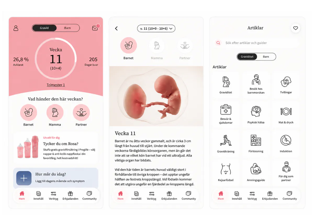 skärmdumpar från appen preglife