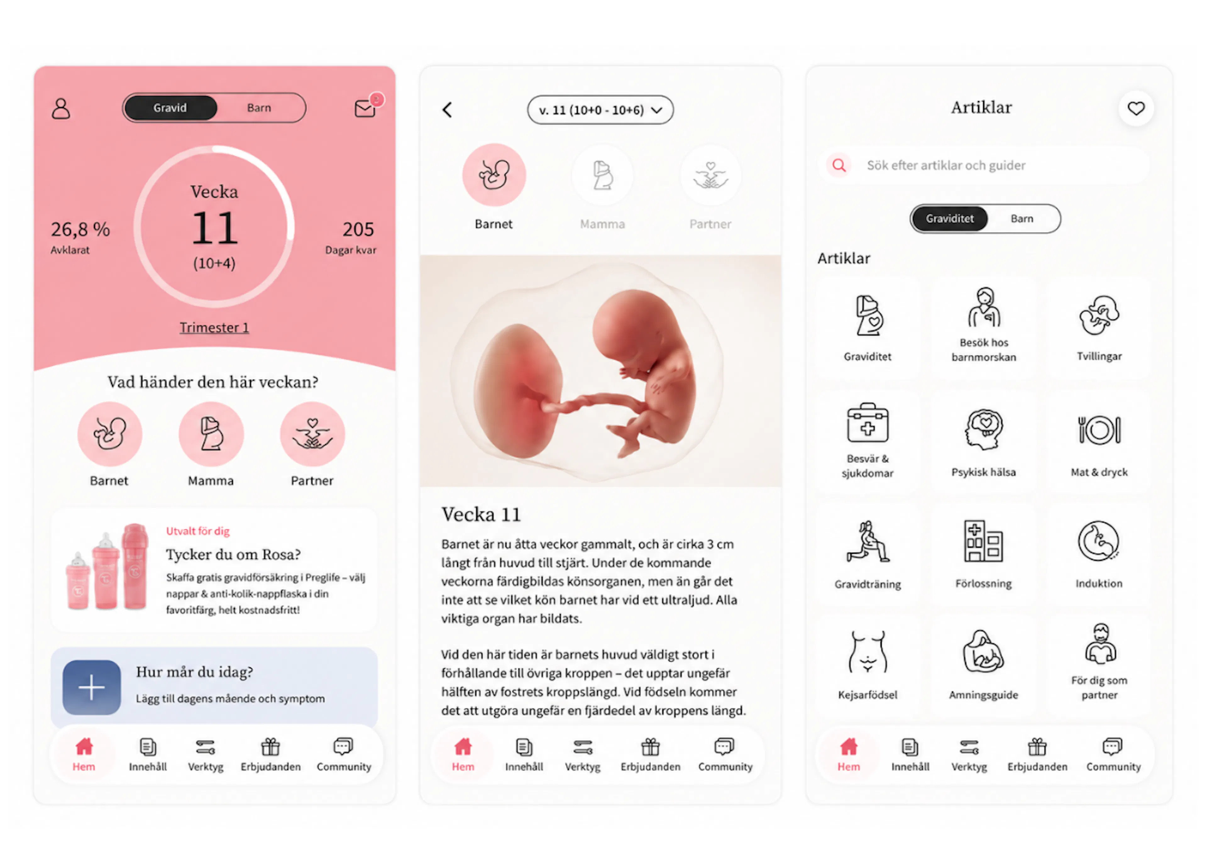 skärmdumpar från appen preglife