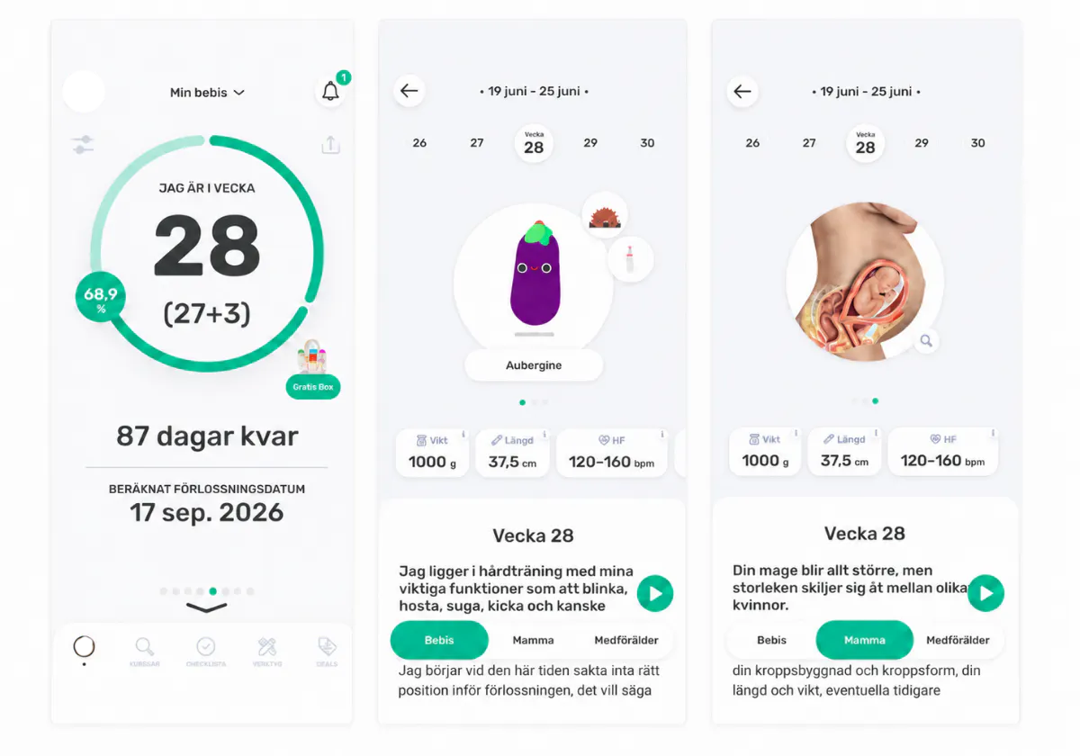 skärmdumpar från appen preggers