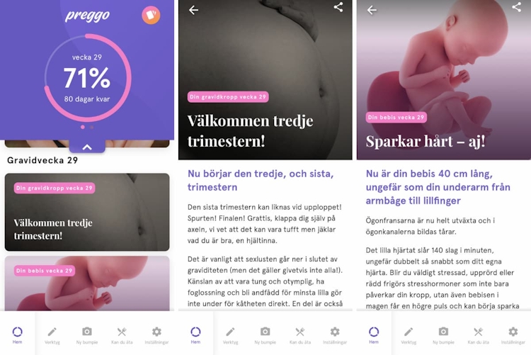 skärmdumpar från appen preggo