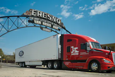 A Kodiak truck pulls a DTL trailer through Fresno California