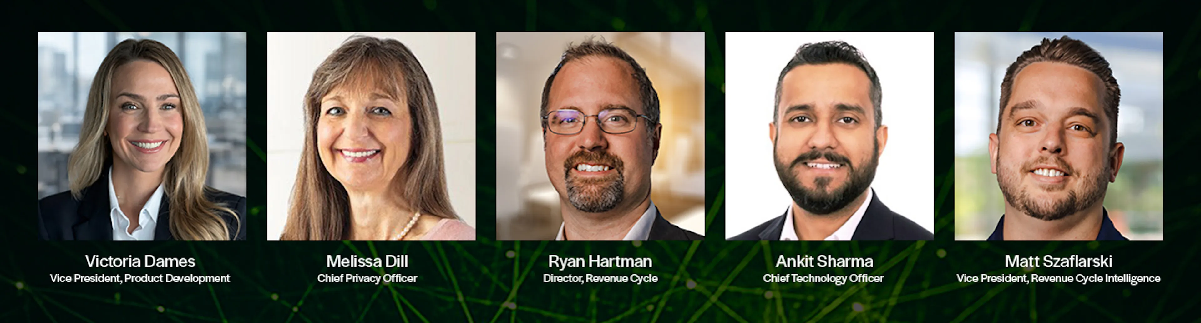 Headshots of our panel of Artificial Intelligence experts: Victoria Dames, Melissa Dill, Ryan Hartman, Ankit Sharma and Matt Szaflarski