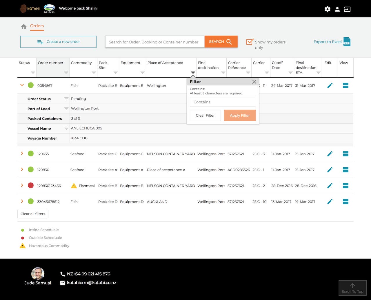 Kotahi - Web application - Order list