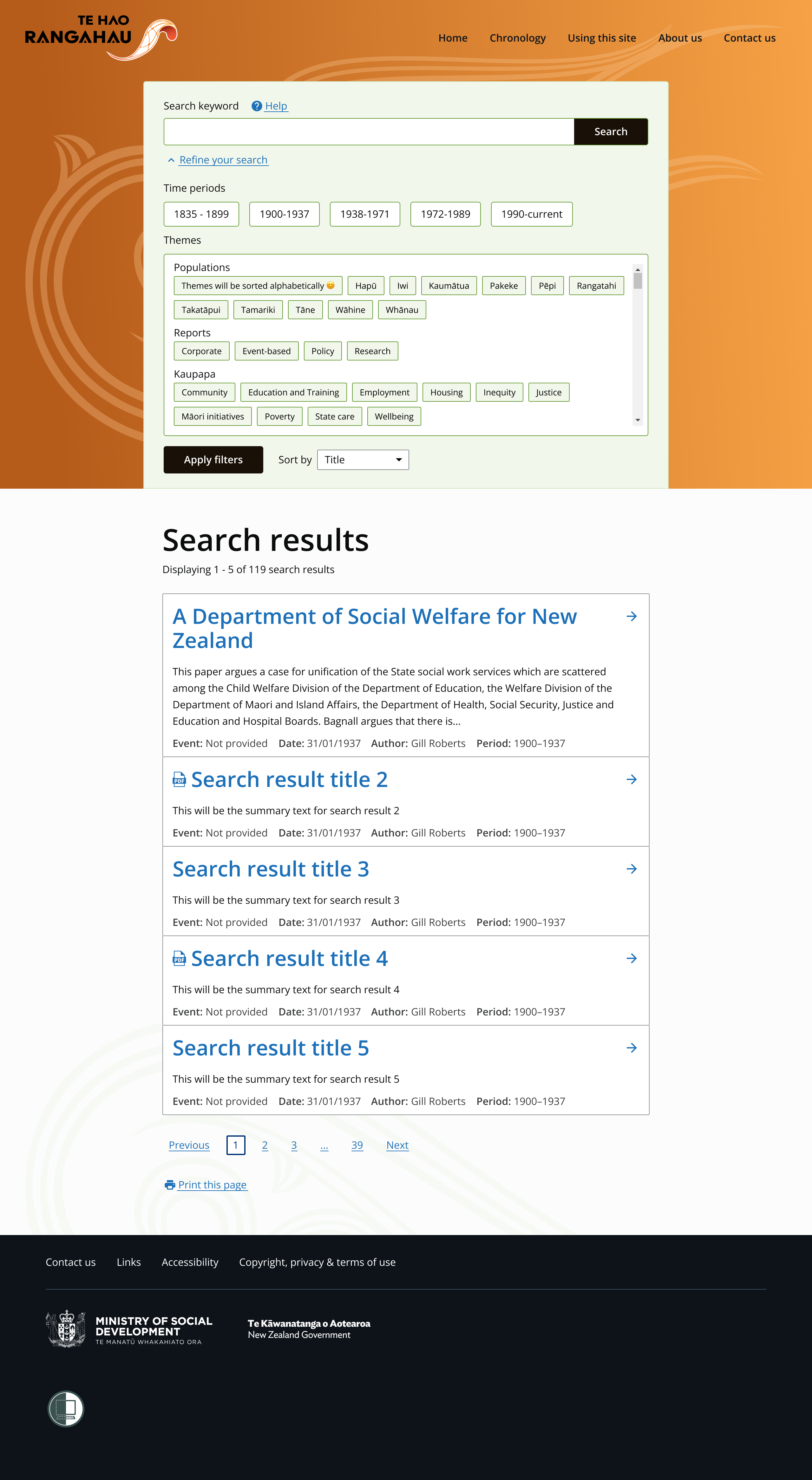 Te Hau rangahau - Results page - Screenshot