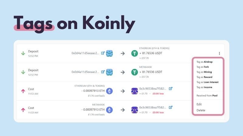 Koinly crypto tax calculator - tags on Koinly