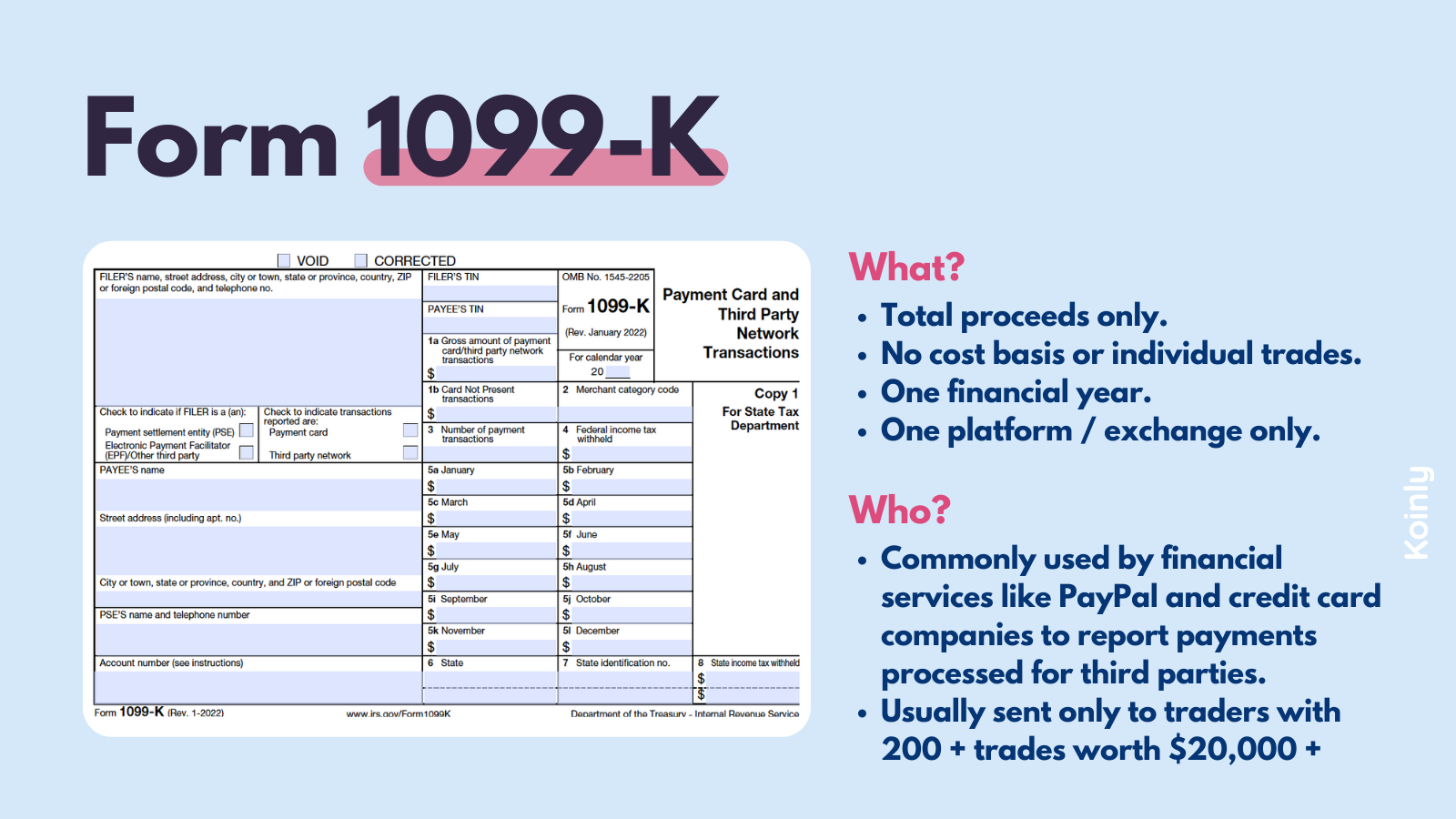 IRS Crypto 1099 Form: 1099-K Vs. 1099-B Vs. 1099-MISC | Koinly