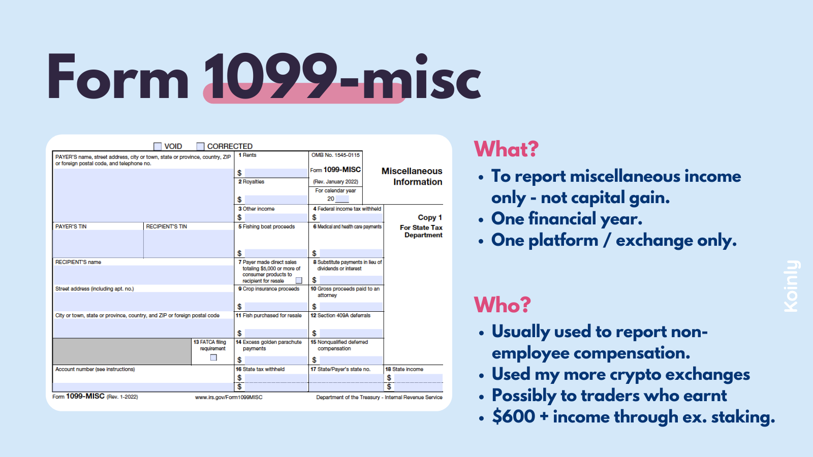 IRS Crypto 1099 Form: 1099-K Vs. 1099-B Vs. 1099-MISC | Koinly