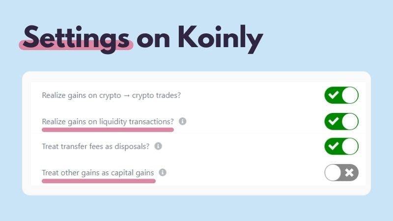 Koinly crypto tax calculator - settings on Koinly
