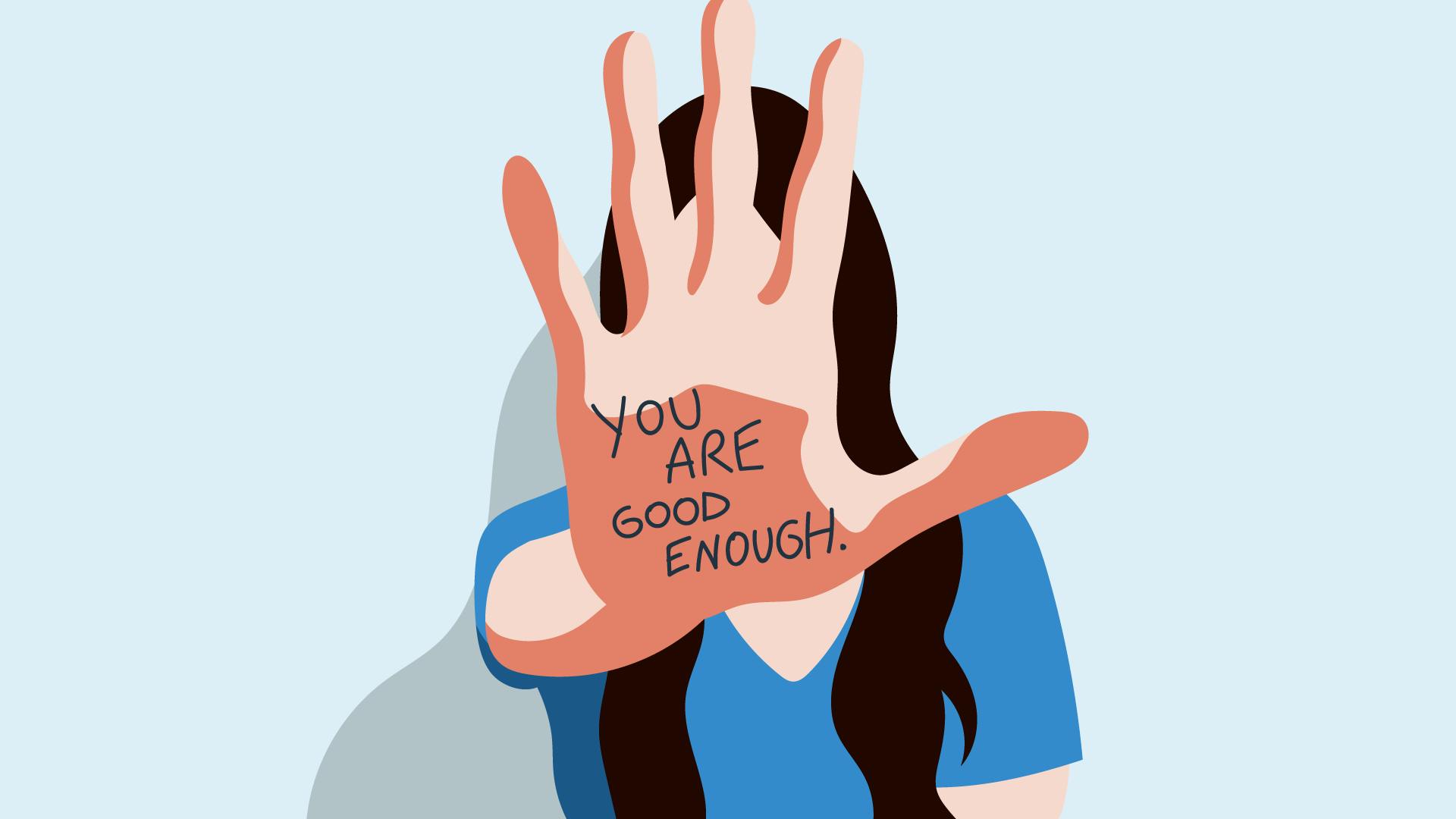 Frau streckt Hand mit Schrift "You are good enough" voraus, um klar zu machen, dass fĂŒr nachhaltiges wirtschaften, höhere StundensĂ€tze notwendig sind.