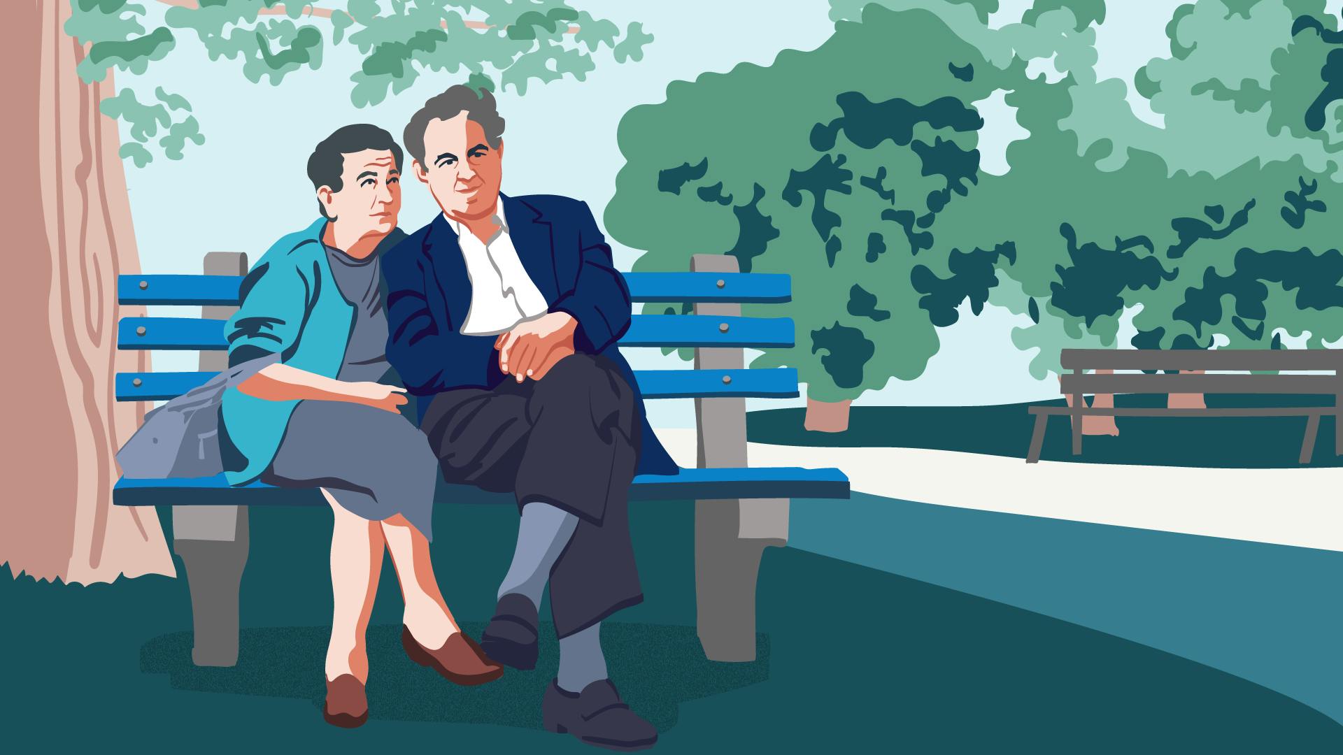 Älteres Ehepaar sitzend auf einer Parkbank. Sie sprechen über die Altersvorsorgepflicht.