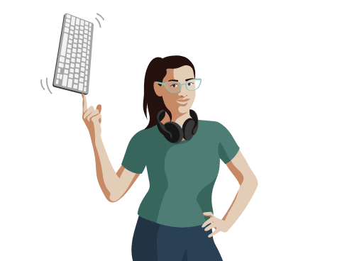 Selbstständige Frau im grünen Shirt und mit Brille balanciert eine Tastatur auf der Fingerspitze.