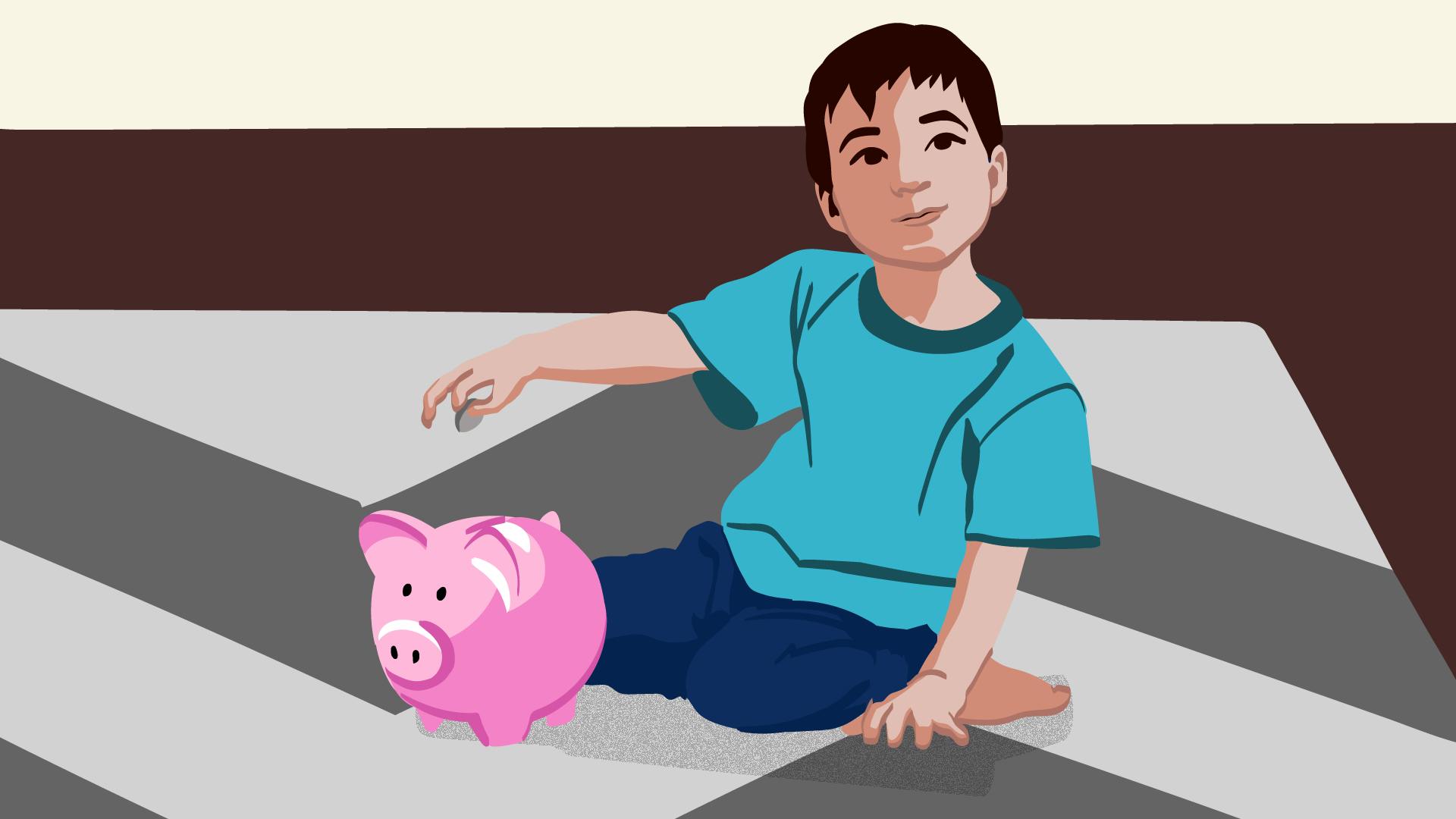 Sitzender kleiner Junge der eine Münze in ein rosa Sparschwein wirft, um aufzuzeigen, dass auch mit Instagram Geld verdient werden kann. 