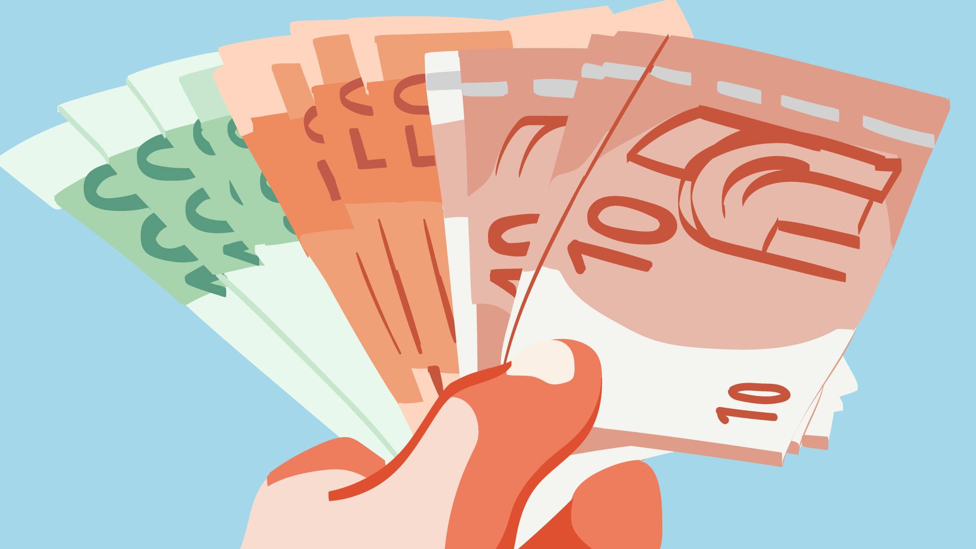 Veranschaulichung mit unterschiedlichen Banknoten, dass ein Kredit für Selbständige genehmigt wurde.