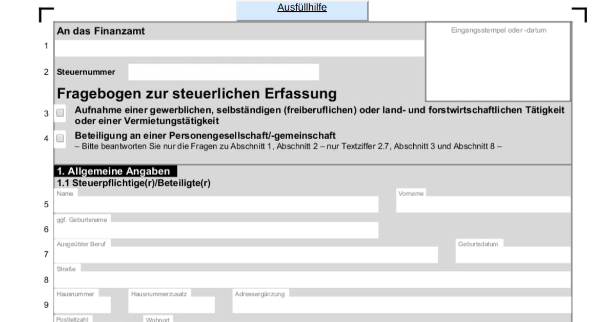 Fragebogen zur steuerlichen Erfassung fĂĽr das Finanzamt.