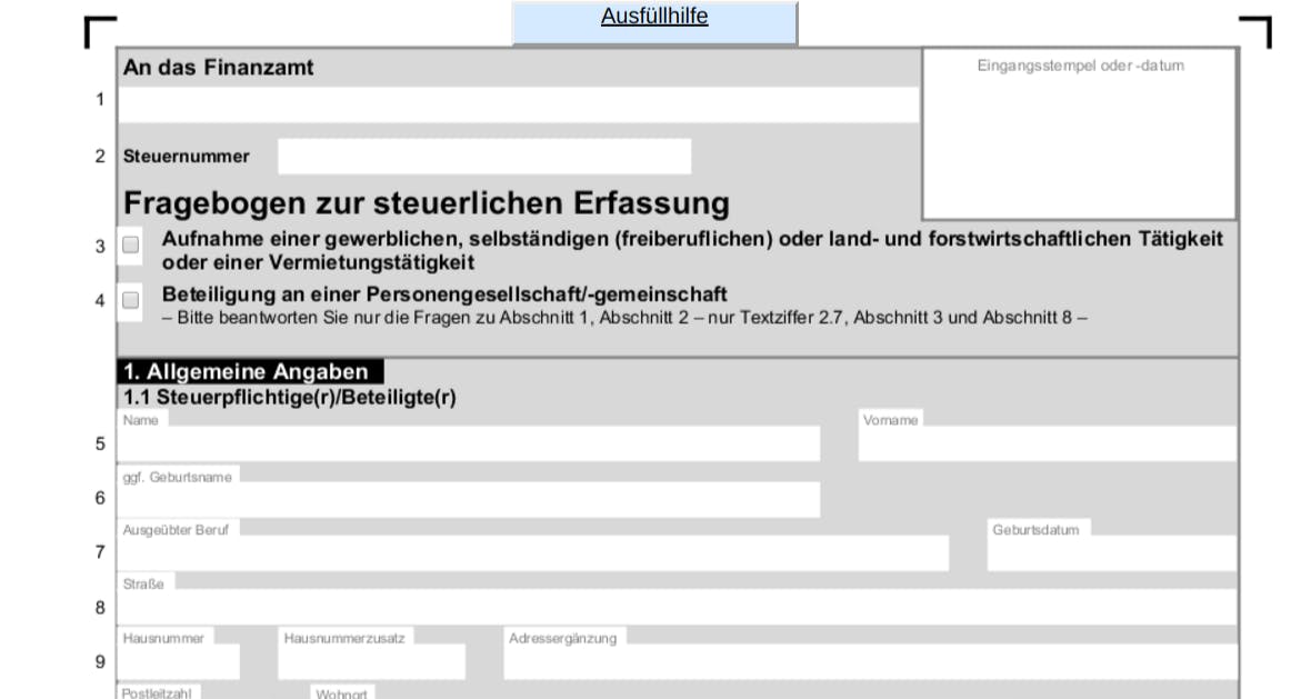 Fragebogen zur steuerlichen Erfassung für das Finanzamt.