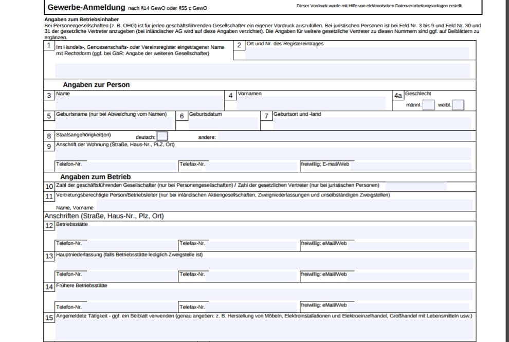 Formular zur Anmeldung eines Gewerbes.
