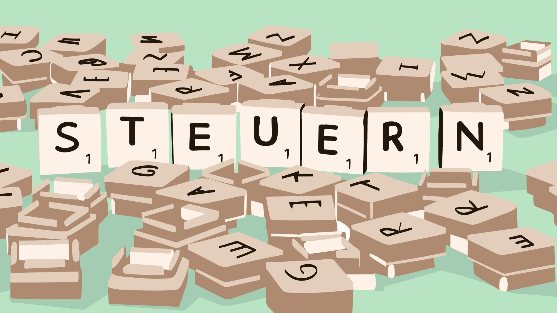 Buchstaben Bausteine auf grĂĽnem Hintergrund liegend, ergeben das Wort Steuern.