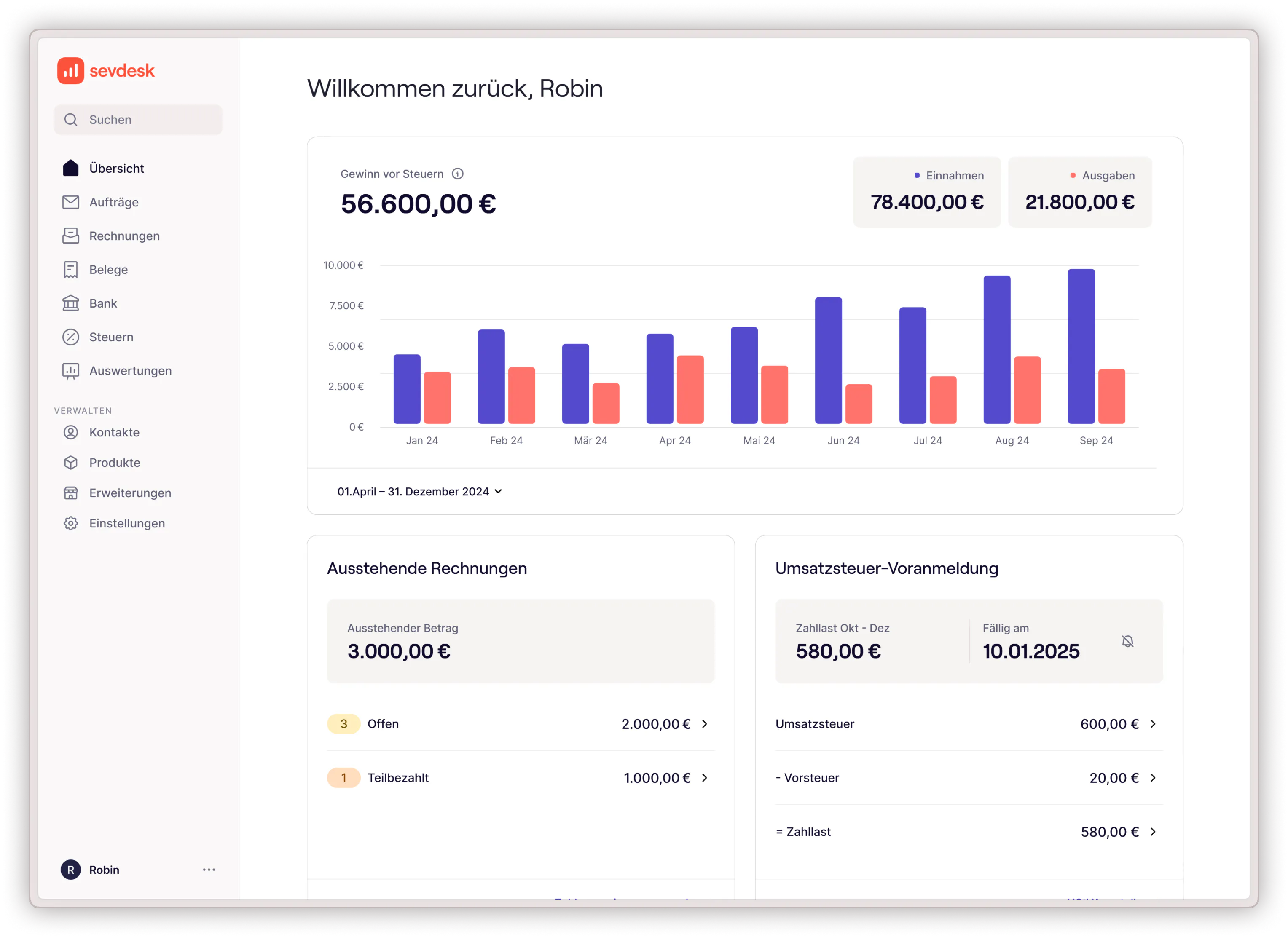 Die sevdesk-Benutzeroberfläche mit dem Hauptdashboard, das eine Übersicht über alle Einnahmen und Ausgaben in einem ausgewählten Zeitraum zeigt.