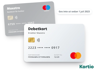 Skillnaden mellan Maestro och Debit Mastercard. Maestro, Mastercards bankkort för butiker, ges inte ut sedan 1 juli 2023 och ersätts av Debit Mastercard. Ett nedtonat Maestro-kort med Maestros logga ligger bakom ett debetkort märkt Ersätter Maestro, med chip, symbol för kontaktlös betalning och Mastercards logga.