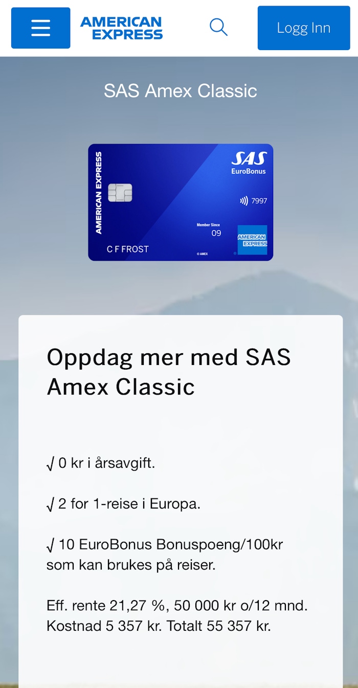 SAS Amex nettside