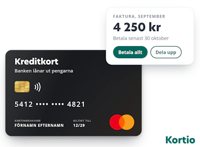 Mastercard-kreditkort där banken lånar ut pengarna, bredvid en månadsfaktura på 4 250 kronor som du kan betala helt eller dela upp.