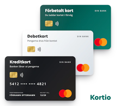 Tre sorters Mastercard: ett kreditkort där banken lånar ut pengarna, ett debetkort där pengarna dras från kontot och ett förbetalt kort som du laddar i förväg.
