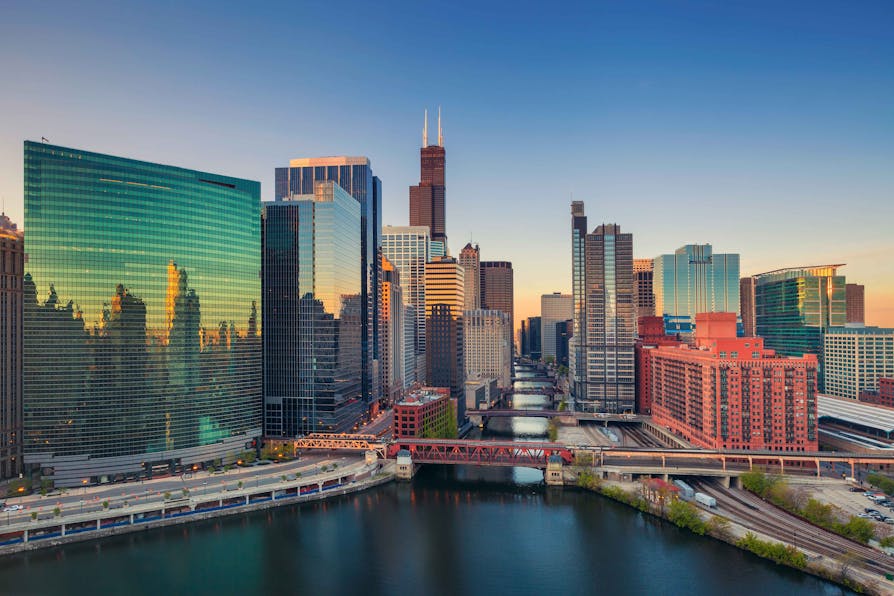 Chicago skyline Photo with Willis Tower in distance and Chicago river in foreground