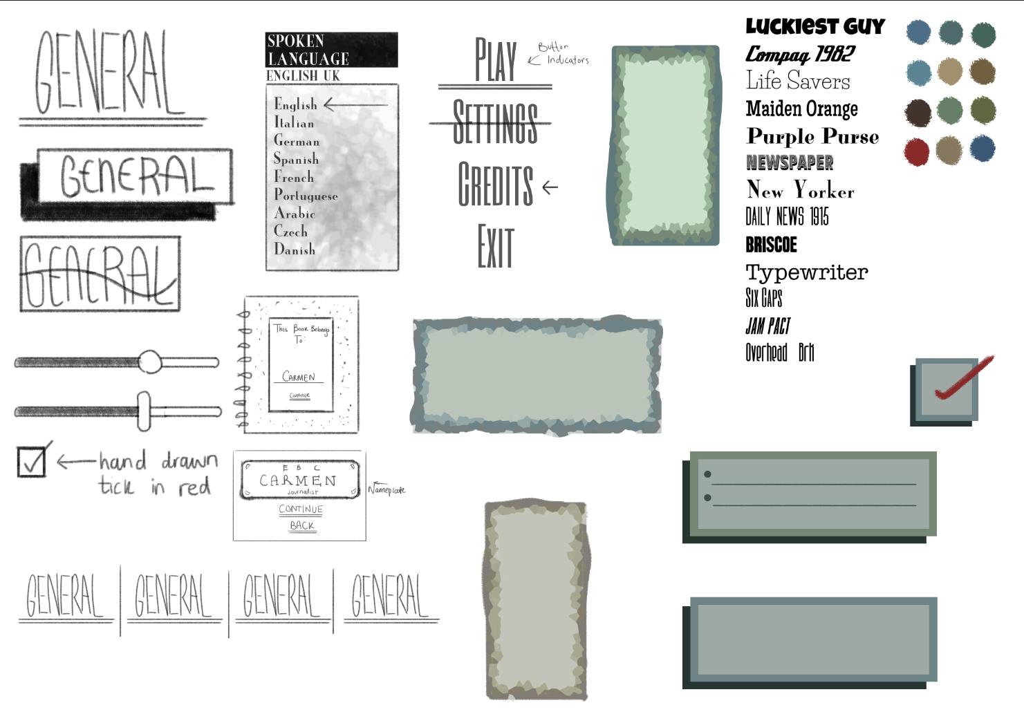 A screenshot of early UI designs, including hand-drawn titles and sliders, a selection of example fonts, a colour palette, and designs for buttons and menu boxes – some painterly, some geometric. 