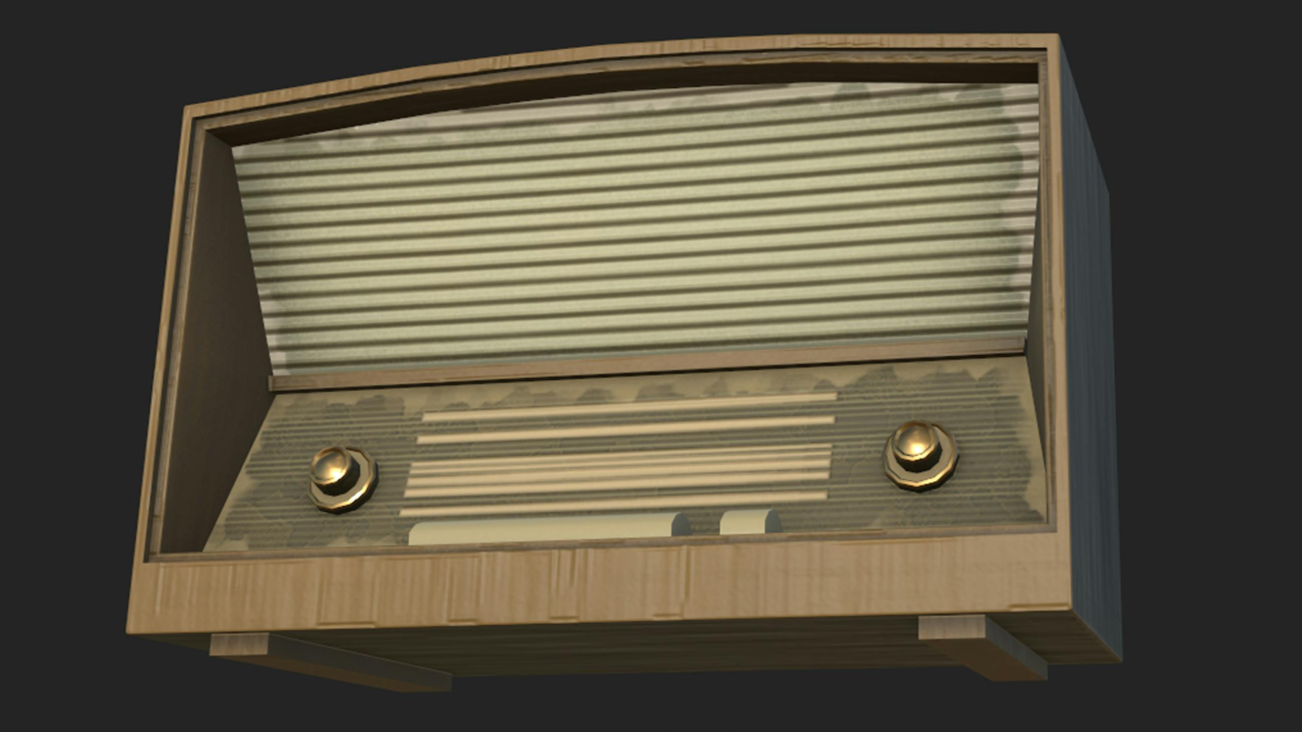 A 3D model of an old-fashioned, brown radio, on a black background. 