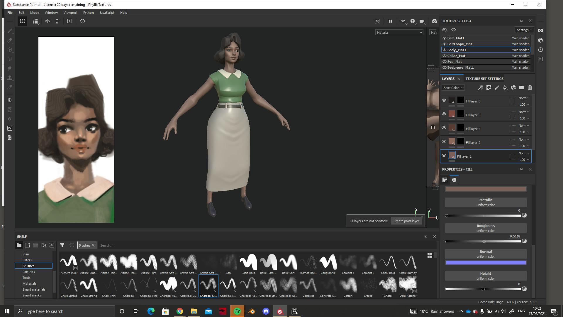 A screenshot of the texturing process. The program being used displays brushstrokes at the bottom of the page, and colour information down the right-hand side. In the middle of the screen is a colour sketch and 3D colour model of Phyllis. Phyllis is a black woman with short dark hair, wearing a green top and cream skirt.