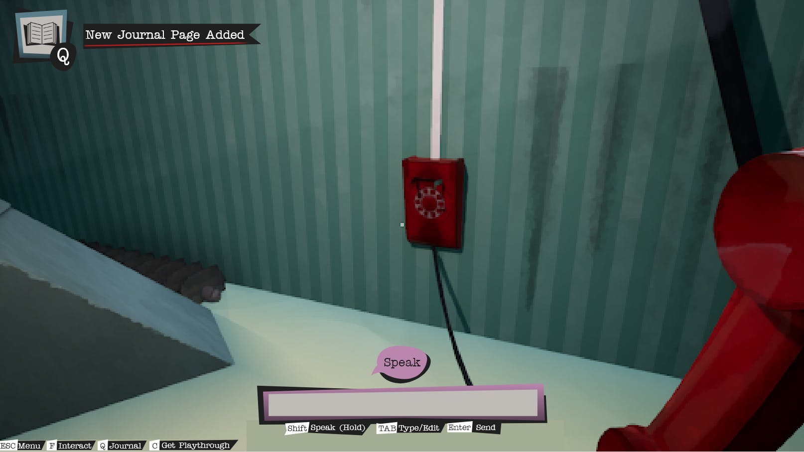 A mock-up of the main gameplay design overlaid onto a screenshot of the game. The screenshot shows a first person perspective of a player picking up the receiver of a red wall-phone. The player input text box at the bottom centre of the screen is white with a pink background. The 'Speak' prompt button above it is pink.