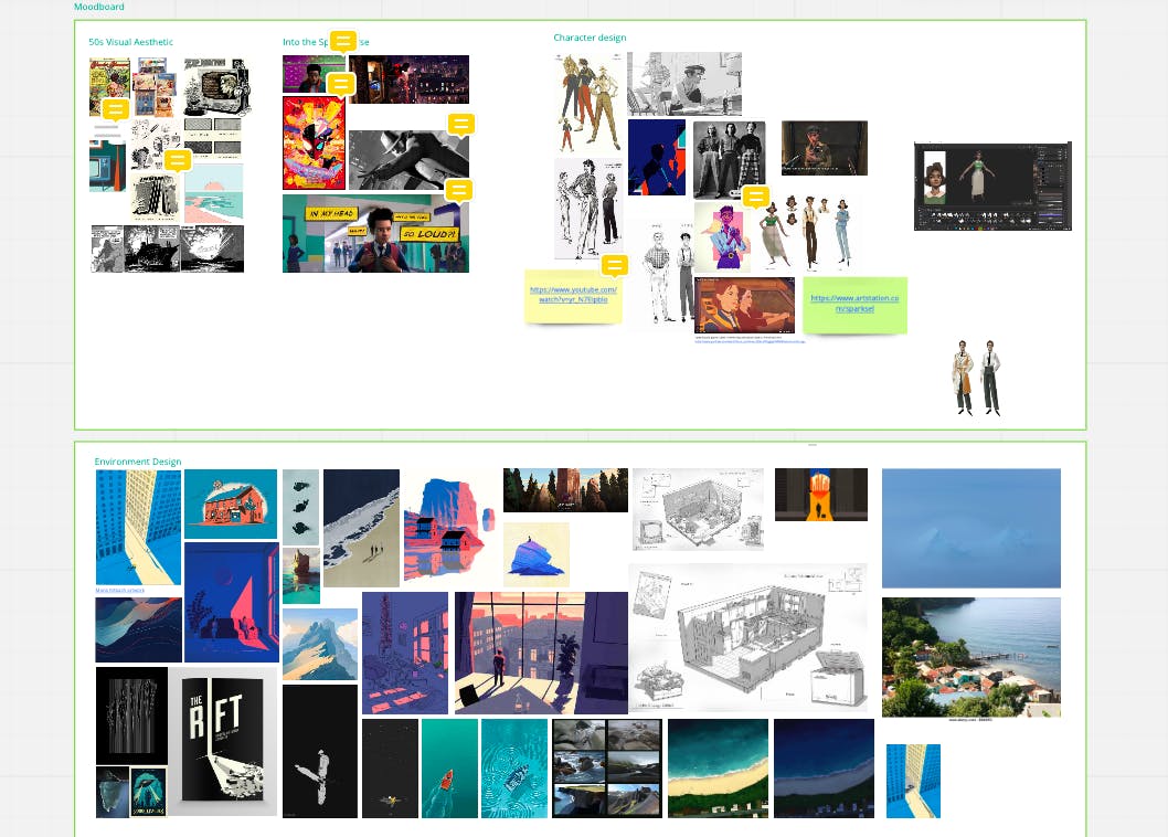 A screenshot of a mood board, showing lots of images including some character sketches, some comic strips, and some stylised images of cliffs, water and buildings, mostly in a blue and red palette.