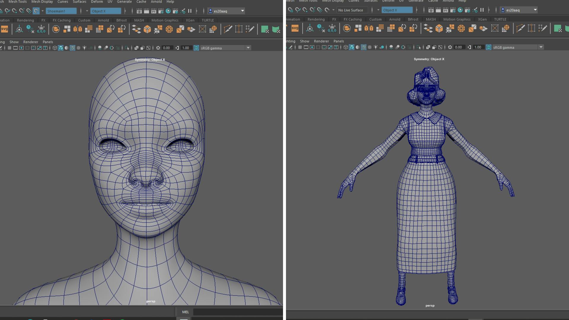 Two images of the retopology process. On the right, a close-up of the Phyllis model's head and shoulders. On the left, a shot of Phyllis's full body. Both models are pale grey with a blue grid overlaid, a bit like a blueprint. 