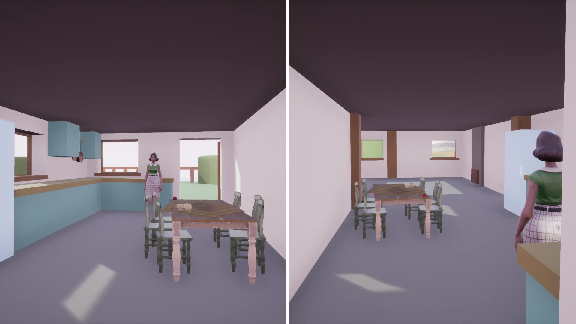 Two images of the same basic room model from different angles. The room has a brown ceiling and cream walls, a wooden table with six chairs, and blue kitchen counters along two walls. A woman in a green top and beige skirt, Phyllis, is standing in the room.