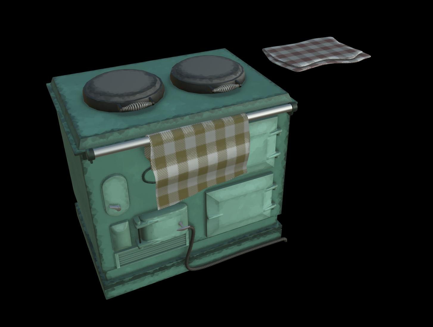 A 3D, textured model of an Aga. The age is pale green, with two hot plates on the top, and a beige and white checked tea-towel hanging over a rail at the front.